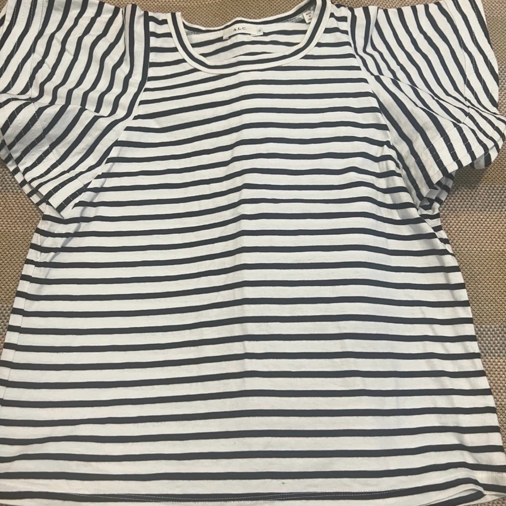 A.L.C. Black and White Striped Flutter Sleeve Top